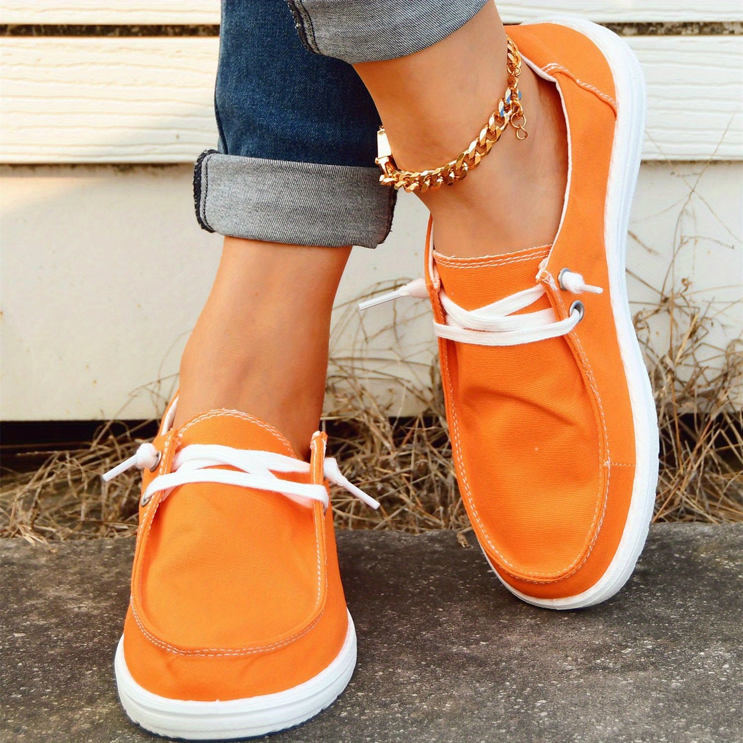 Orange Canvas Shoes, Low Top Lace Up Casual Shoes